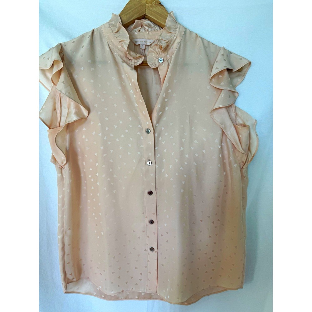 Rebecca Taylor Pink 100% Silk Heart Print Ruffle Blouse Size 2 romantic sweet